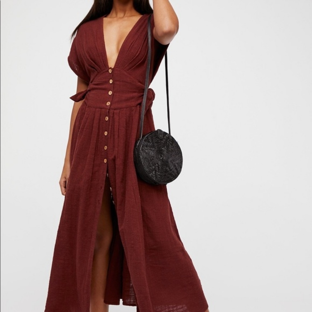 Free People Deep Burgundy Midi Dress with Button Front